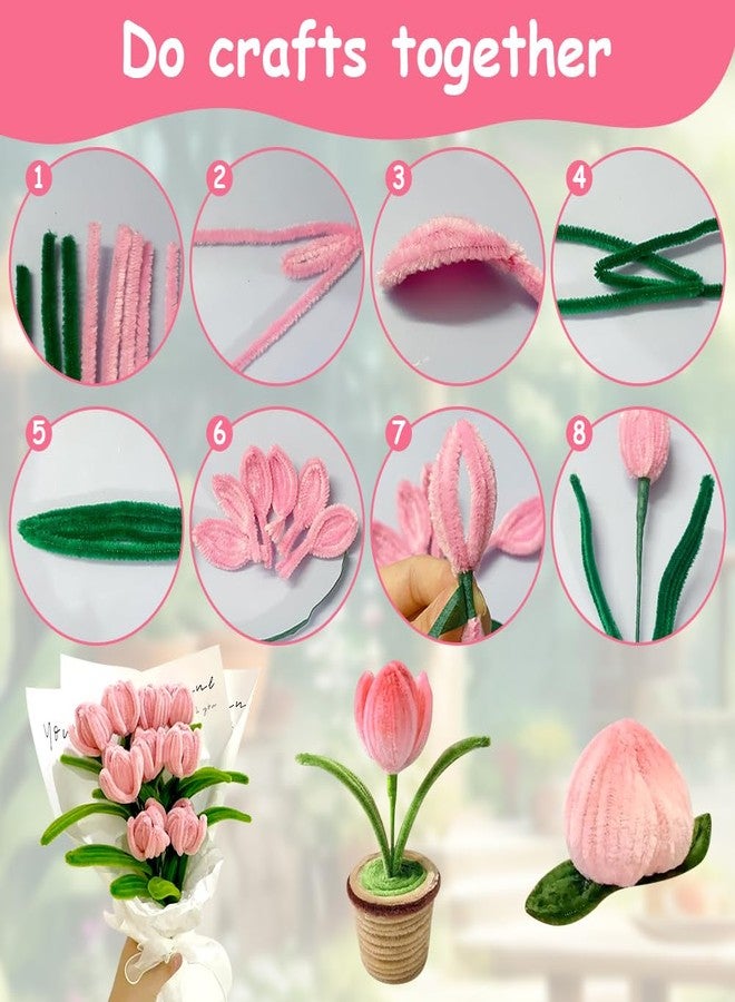 Ainiv 200PCS Tulip Pipe Cleaners for Craft, 30cm Green and Pink Pipe Cleaners, Fuzzy Sticks Craft Supplies, Chenille Stems with Flower Pole, Flower Core & Gardening Tape, Arts & Crafts for DIY - Image 2